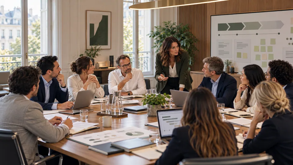 Un board de dix professionnels discute des axes de stratégie et de la gouvernance, avec le consultant parmi les participants.